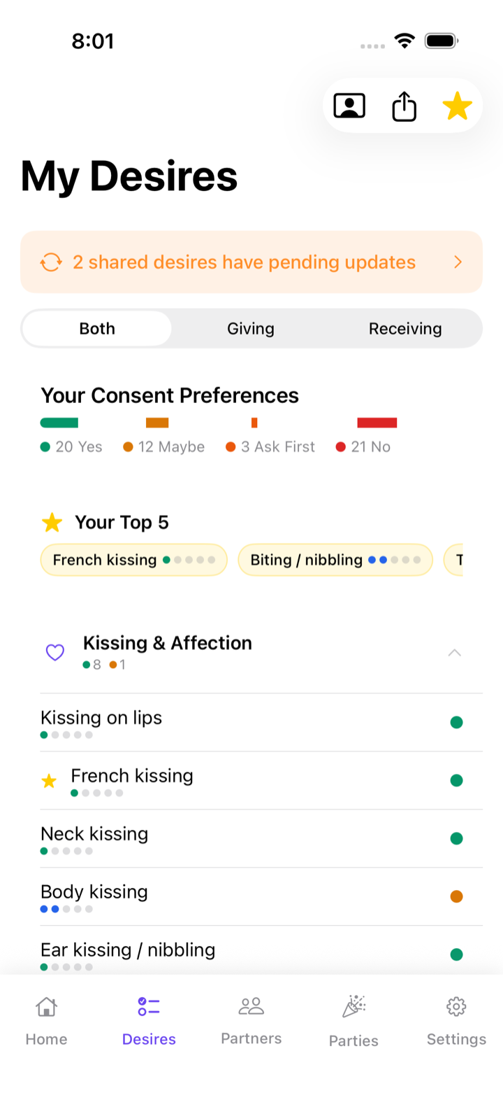 The My Desires screen: consent preferences with Yes, Maybe, Ask First, and No answers, and a Top 5 favorites row