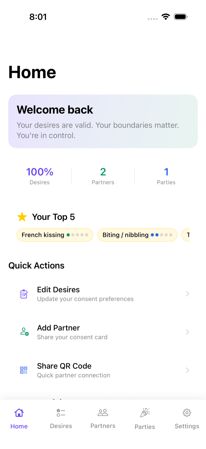 The Plysh home screen: your desires are valid, your boundaries matter, you're in control