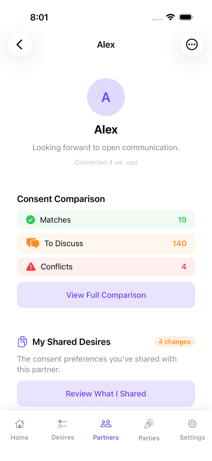 A partner profile showing a consent comparison: matches, topics to discuss, and conflicts